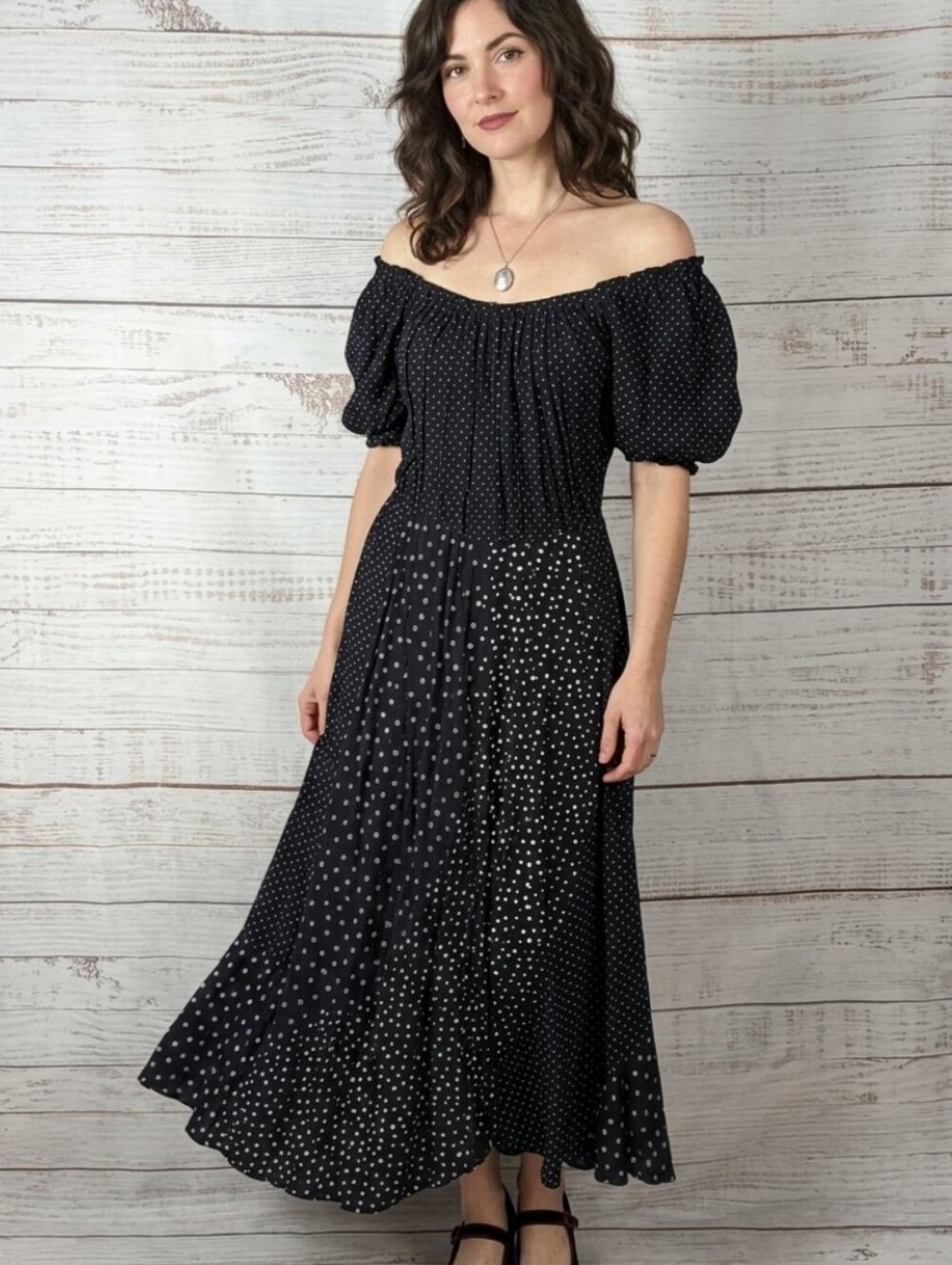 Vintage Bellagio Maxi Dress Medium Black White Polka Dot Made in USA Whimsigoth